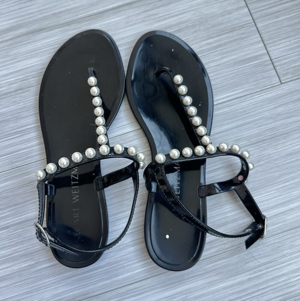 Stuart Weitzman Black Leather Thong Sandals Beaded Pearl Ankle Strap US 8